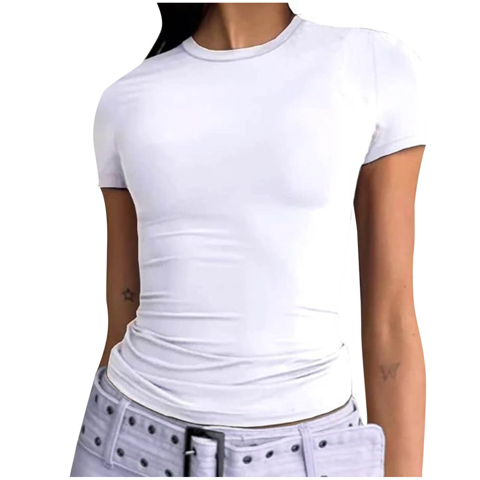 AherBiu Summer Tops for Women Stretch Slim Fitted Short Sleeve Crewneck Basic Comfy Undershirt Tees